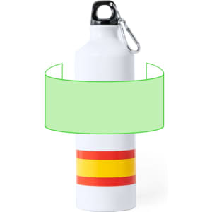 A drink bottle in white featuring a red and yellow band, with a black lid and a carabiner attachment.