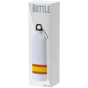 A drink bottle in white with a red and yellow stripe, presented in packaging. Features a logo and a carabiner.