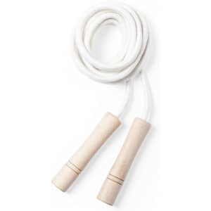 A skipping rope with wooden handles and a white, textured rope body. It has a simple, minimal design.