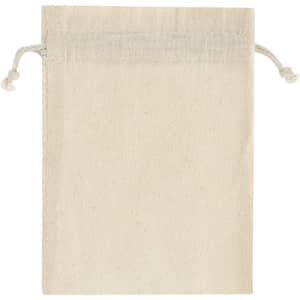 A natural cotton drawstring bag in a light beige colour, featuring a simple closure at the top.