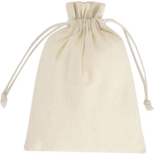 A drawstring bag in a light cream colour, made of fabric, featuring a closed top with two ties.