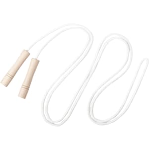 A white skipping rope with wooden handles, featuring a simple, classic design.