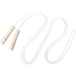 A skipping rope with wooden handles and white rope, suitable for leisure and outdoor activities.