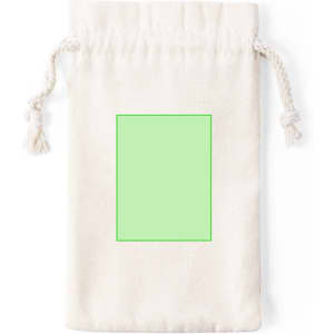 A cream drawstring bag with a solid green design area on the front and tassels.