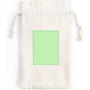 A cream drawstring pouch made of fabric, featuring a plain green square on the front.