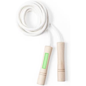 A skipping rope with wooden handles and a white rope, featuring a logo on one handle.