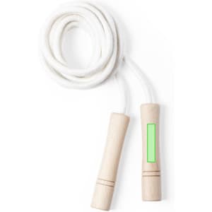 A skipping rope with light wooden handles and a white rope, featuring a green label on one handle.