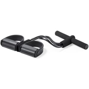 A black exercise band featuring two handles and a central grip bar, designed for fitness and strength training.