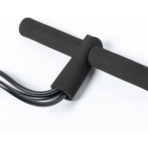 A black exercise band with a handle, designed for various fitness routines, featuring a minimalist design and a logo.