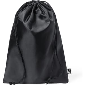A black drawstring bag made of satin material, featuring a logo on the side.