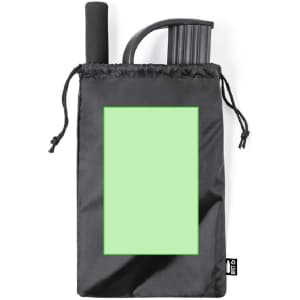 A black storage bag containing an exercise band and a cylindrical handle, designed for fitness activities.