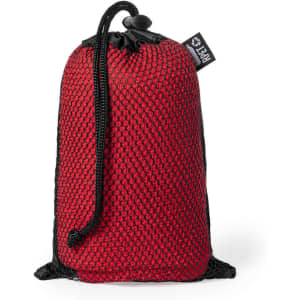 A red and black mesh drawstring bag with a toggle closure, featuring a small logo tag.