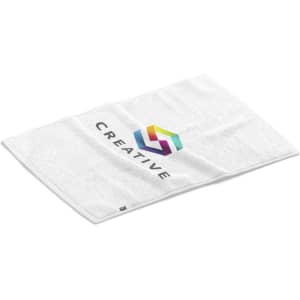 A white absorbent towel featuring a colourful logo and branding. The towel is soft and folded flat.