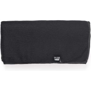 A dark grey absorbent towel with a logo, folded neatly in a rectangular shape.