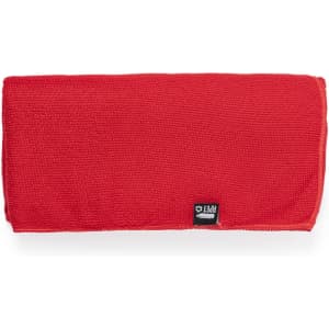 A red absorbent towel with a textured surface and a small logo at one corner.