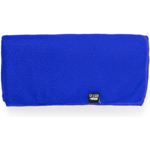 A blue absorbent towel featuring a branding label. Suitable for health and personal use.