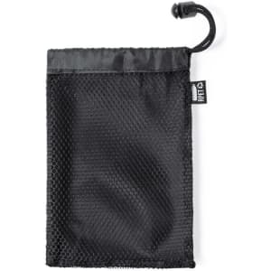 A black mesh drawstring bag with a toggle closure, featuring a branded label.