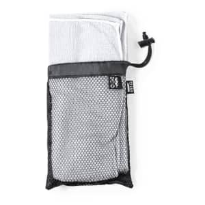 A grey absorbent towel folded and stored in a black mesh bag, featuring a drawstring closure.