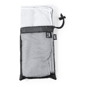 An absorbent hand towel in grey, packed in a black mesh pouch with a drawstring closure.