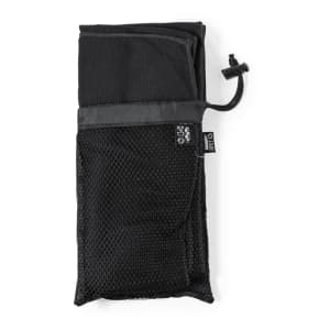 A black absorbent towel neatly folded in a mesh pouch with a drawstring closure. It features a logo.