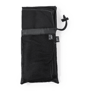 A black absorbent towel in a folded, compact form, featuring a mesh pocket and a drawstring closure.