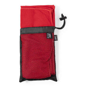 A red absorbent towel folded and stored in a black mesh pouch with a drawstring closure.