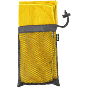 A yellow absorbent towel packaged in a black mesh pouch with a drawstring. Features a logo on the pouch.