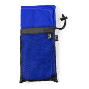 A blue absorbent towel in a black mesh carrying case with a drawstring closure.