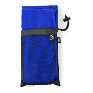 A blue absorbent towel folded and stored in a black mesh pouch with a drawstring.