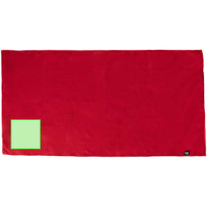 A red absorbent towel with a green square detail in one corner. It features a logo on the edge.