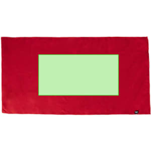 A red hand towel with a large green rectangle in the centre and a small logo on one corner.