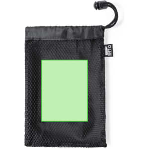 A black mesh pouch with a drawstring closure, featuring a blank green rectangle on the front.