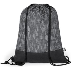 A grey drawstring bag with a textured pattern and a solid black bottom, featuring black drawstrings and a logo.