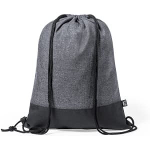 A drawstring bag in grey with a black bottom, featuring a logo on the side.