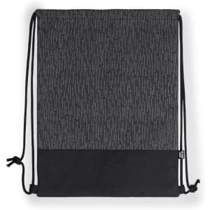 A grey and black drawstring bag featuring a textured pattern and a logo. Suitable for carrying personal items.