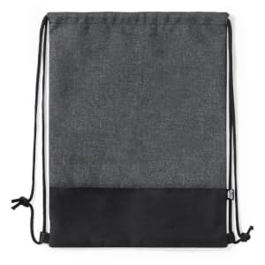 A drawstring bag in charcoal grey with a black bottom panel and matching black drawstrings, featuring a logo.