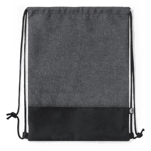 A grey drawstring bag with a black bottom section, featuring adjustable drawstrings and a logo.