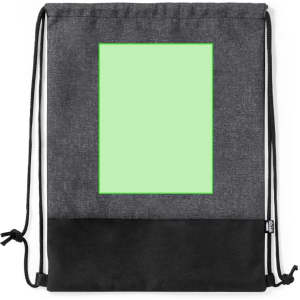 A grey drawstring bag with a black bottom section and a blank green rectangular patch, featuring a logo.