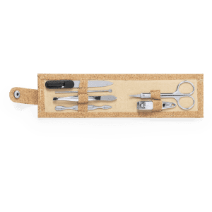 A beige manicure set with various silver tools, including scissors, nail clippers, and files, in a folded case.