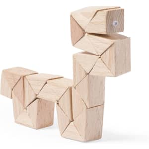 A wooden building toy featuring interlocking geometric shapes arranged to form an abstract creature.