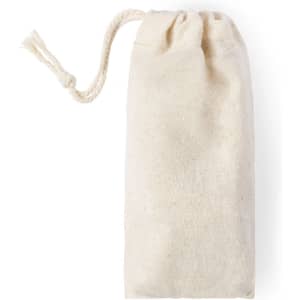A natural cotton drawstring bag in a light cream shade, featuring a simple closure at the top.