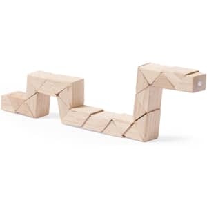 A wooden puzzle game with interconnected, angled segments arranged in a snake-like shape, showcasing a natural light colour.