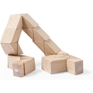 A set of wooden blocks in natural colour, arranged in a zigzag pattern, featuring a logo.