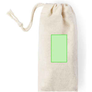 A natural cotton drawstring bag in beige, featuring a green rectangular area for branding or logo placement.