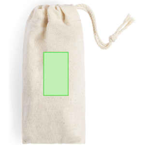 A cream canvas bag with a drawstring closure, featuring a green rectangular area.