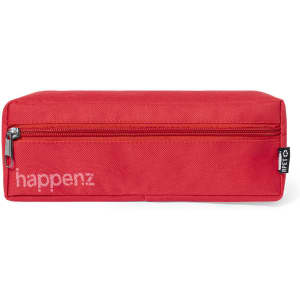 A red pencil case with a zippered closure and a branding logo on the side.