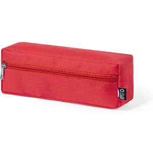 A red pencil case with a zip closure, featuring a logo, ideal for office and business use.