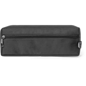 A black pencil case with a zipped pocket and a logo on the side, featuring a rectangular design.