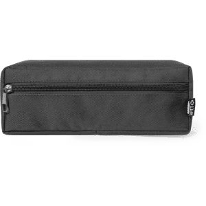 A rectangular black pencil case with a zippered compartment and a logo tag on the side.