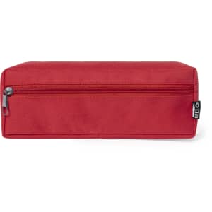 A red pencil case with a zippered compartment and a logo tag. Suitable for office and business use.